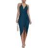 imageLYANER Womens V Neck Ruched Wrap Slit Hem Sleeveless Spaghetti Strap Midi Bodycon DressDark Teal