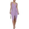imageLYANER Womens V Neck Ruched Wrap Slit Hem Sleeveless Spaghetti Strap Midi Bodycon DressLight Purple