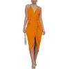 imageLYANER Womens V Neck Ruched Wrap Slit Hem Sleeveless Spaghetti Strap Midi Bodycon DressOrange