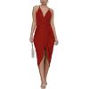 imageLYANER Womens V Neck Ruched Wrap Slit Hem Sleeveless Spaghetti Strap Midi Bodycon DressRed