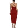 imageLYANER Womens V Neck Ruched Wrap Slit Hem Sleeveless Spaghetti Strap Midi Bodycon DressRed