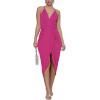 imageLYANER Womens V Neck Ruched Wrap Slit Hem Sleeveless Spaghetti Strap Midi Bodycon DressRose