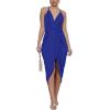 imageLYANER Womens V Neck Ruched Wrap Slit Hem Sleeveless Spaghetti Strap Midi Bodycon DressRoyal Blue