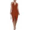 imageLYANER Womens V Neck Ruched Wrap Slit Hem Sleeveless Spaghetti Strap Midi Bodycon DressRust Red