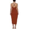 imageLYANER Womens V Neck Ruched Wrap Slit Hem Sleeveless Spaghetti Strap Midi Bodycon DressRust Red