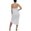 imageLYANER Womens V Neck Ruched Wrap Slit Hem Sleeveless Spaghetti Strap Midi Bodycon DressWhite
