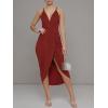 imageLYANER Womens V Neck Ruched Wrap Slit Hem Sleeveless Spaghetti Strap Midi Bodycon DressWine Red