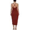 imageLYANER Womens V Neck Ruched Wrap Slit Hem Sleeveless Spaghetti Strap Midi Bodycon DressWine Red