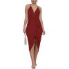 imageLYANER Womens V Neck Ruched Wrap Slit Hem Sleeveless Spaghetti Strap Midi Bodycon DressWine Red