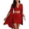 imageLYANER Womens 2 Piece Outfits Cloak Long Sleeve Crop Top and Ruched Mini Skirt SetRed