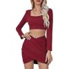 imageLYANER Womens 2 Piece Outfits Square Neck Slim Fit Crop Top and Cross Wrap Mini Skirt Set