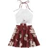 imageLYANER Womens 2 Piece Outfits Summer Lace Halter Cami Crop Top with Floral Mini Skirt Set