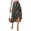 imageLYANER Womens Floral Printed Split High Low Ruffle Hem Elastic Waist Midi SkirtBlack