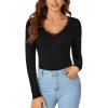 imageLYANER Womens Long Sleeve Shirts Lace V Neck Basic Casual Ribbed Knit Tops Fall Cute Fashion Winter ClothingBlack