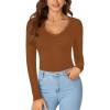imageLYANER Womens Long Sleeve Shirts Lace V Neck Basic Casual Ribbed Knit Tops Fall Cute Fashion Winter ClothingCaramel