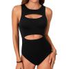 imageLYANER Womens Sleeveless Bodysuits Sexy Cut Out Front Body Suits Stretchy Tank Leotards TopsBlack