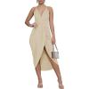 imageLYANER Womens V Neck Ruched Wrap Slit Hem Sleeveless Spaghetti Strap Midi Bodycon DressBeige