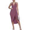 imageLYANER Womens V Neck Ruched Wrap Slit Hem Sleeveless Spaghetti Strap Midi Bodycon DressDusty Purple