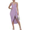imageLYANER Womens V Neck Ruched Wrap Slit Hem Sleeveless Spaghetti Strap Midi Bodycon DressLight Purple
