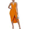 imageLYANER Womens V Neck Ruched Wrap Slit Hem Sleeveless Spaghetti Strap Midi Bodycon DressOrange