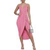 imageLYANER Womens V Neck Ruched Wrap Slit Hem Sleeveless Spaghetti Strap Midi Bodycon DressPink