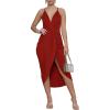 imageLYANER Womens V Neck Ruched Wrap Slit Hem Sleeveless Spaghetti Strap Midi Bodycon DressRed