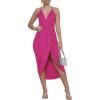 imageLYANER Womens V Neck Ruched Wrap Slit Hem Sleeveless Spaghetti Strap Midi Bodycon DressRose