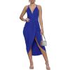 imageLYANER Womens V Neck Ruched Wrap Slit Hem Sleeveless Spaghetti Strap Midi Bodycon DressRoyal Blue