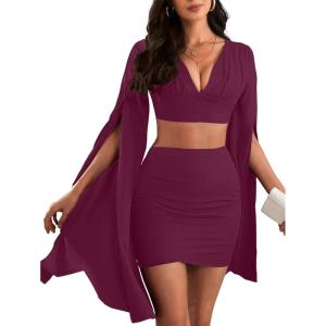 imageLYANER Womens 2 Piece Outfits Cloak Long Sleeve Crop Top and Ruched Mini Skirt SetPurplish Red