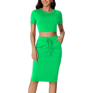 imageLYANER Womens 2 Piece Outfits Crew Neck Short Sleeve Crop Tee Top and Bodycon Midi Skirt SetGreen