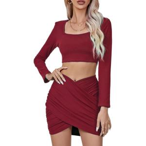 imageLYANER Womens 2 Piece Outfits Square Neck Slim Fit Crop Top and Cross Wrap Mini Skirt Set