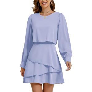 imageLYANER Womens Casual Crewneck Long Sleeve Layered Ruffle Hem A Line Mini DressAzure