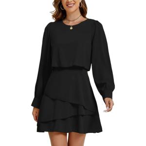 imageLYANER Womens Casual Crewneck Long Sleeve Layered Ruffle Hem A Line Mini DressBlack