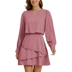 imageLYANER Womens Casual Crewneck Long Sleeve Layered Ruffle Hem A Line Mini DressDusty Pink