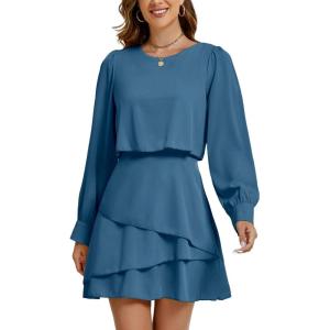 imageLYANER Womens Casual Crewneck Long Sleeve Layered Ruffle Hem A Line Mini DressLake Blue