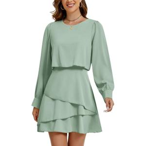 imageLYANER Womens Casual Crewneck Long Sleeve Layered Ruffle Hem A Line Mini DressLight Green
