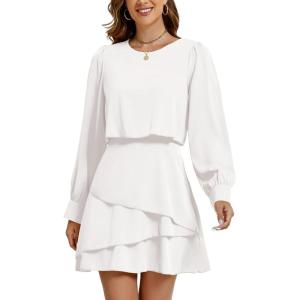 imageLYANER Womens Casual Crewneck Long Sleeve Layered Ruffle Hem A Line Mini DressPure White