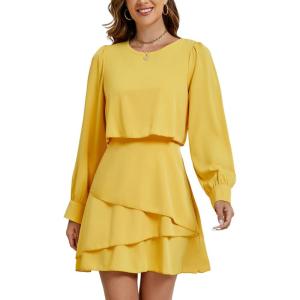 imageLYANER Womens Casual Crewneck Long Sleeve Layered Ruffle Hem A Line Mini DressYellow
