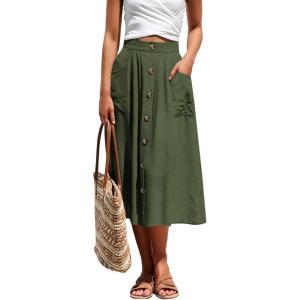 imageLYANER Womens Casual High Waist Flowy Hem Button Down Pleated Midi Skirt with PocketsArmy Green