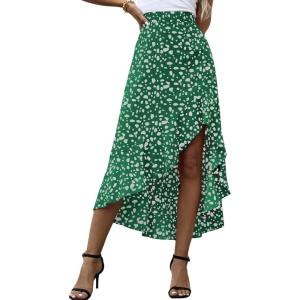 imageLYANER Womens Floral Printed Split High Low Ruffle Hem Elastic Waist Midi SkirtGreen