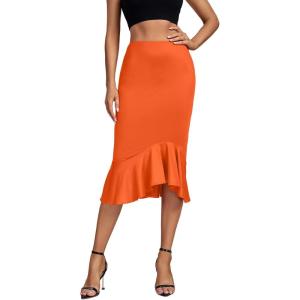 imageLYANER Womens High Waist Ruffle Hem Fishtail Bodycon Pencil Midi SkirtOrange