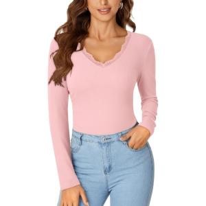 imageLYANER Womens Long Sleeve Shirts Lace V Neck Basic Casual Ribbed Knit Tops Fall Cute Fashion Winter ClothingPink