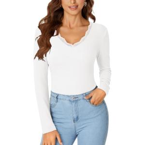 imageLYANER Womens Long Sleeve Shirts Lace V Neck Basic Casual Ribbed Knit Tops Fall Cute Fashion Winter ClothingWhite