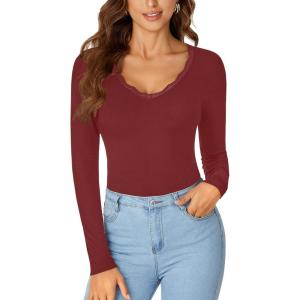 imageLYANER Womens Long Sleeve Shirts Lace V Neck Basic Casual Ribbed Knit Tops Fall Cute Fashion Winter ClothingWine Red