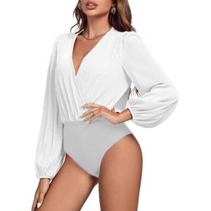 imageLYANER Womens Rib Knit Wraped V Neck Puff Long Sleeve Bodysuit Leotard TopWhite