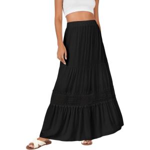 imageLYANER Womens Ruffle Tiered Long Skirt Elastic High Waist Pleated Lace Trim Aline Boho Maxi SkirtsBlack