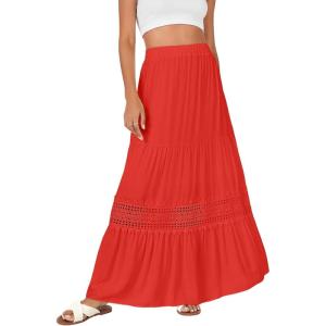 imageLYANER Womens Ruffle Tiered Long Skirt Elastic High Waist Pleated Lace Trim Aline Boho Maxi SkirtsRed