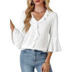 imageLYANER Womens Summer Ruffle Blouse V Neck 34 Sleeve Ladies Dressy Casual Victorian Shirt TopsWhite