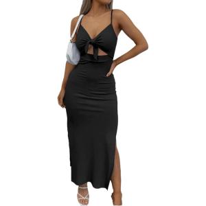 imageLYANER Womens Tie Knot Cut Out Side Split Hem Sleeveless Knit Bodycon Maxi DressBlack