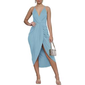 imageLYANER Womens V Neck Ruched Wrap Slit Hem Sleeveless Spaghetti Strap Midi Bodycon DressAzure